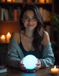 A stylish young woman with a crystal ball symbolizing what is clairvoyance and its mystical connection to the sixth sense