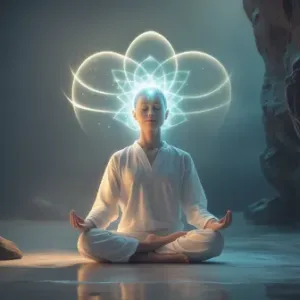 A 27-year-old woman, bathed in radiant energy, symbolizing her psychic awareness and the undiscovered strength within her
