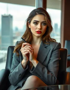 Elegant woman in business attire sitting in a luxury office reflecting on love and betrayal as she transforms into a billionaire bride