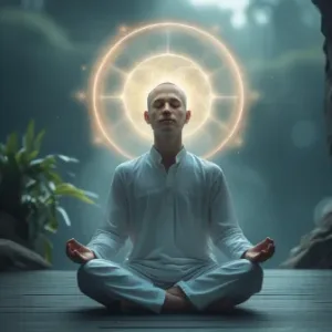 A 27-year-old man encircled by glowing waves, embodying the unseen powers of her psychic intuition and hidden talents