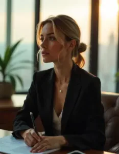 Beautiful woman holding a pen in a luxury office representing the emotional journey of a contract lover to a billionaire bride